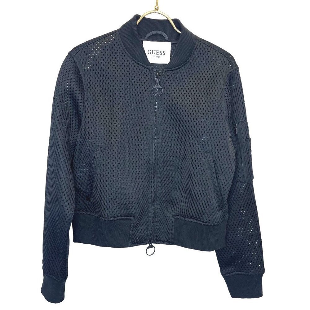Guess Holey Black Bomber Net Jacket Full Zip Ladies Size MED Festival Biker
